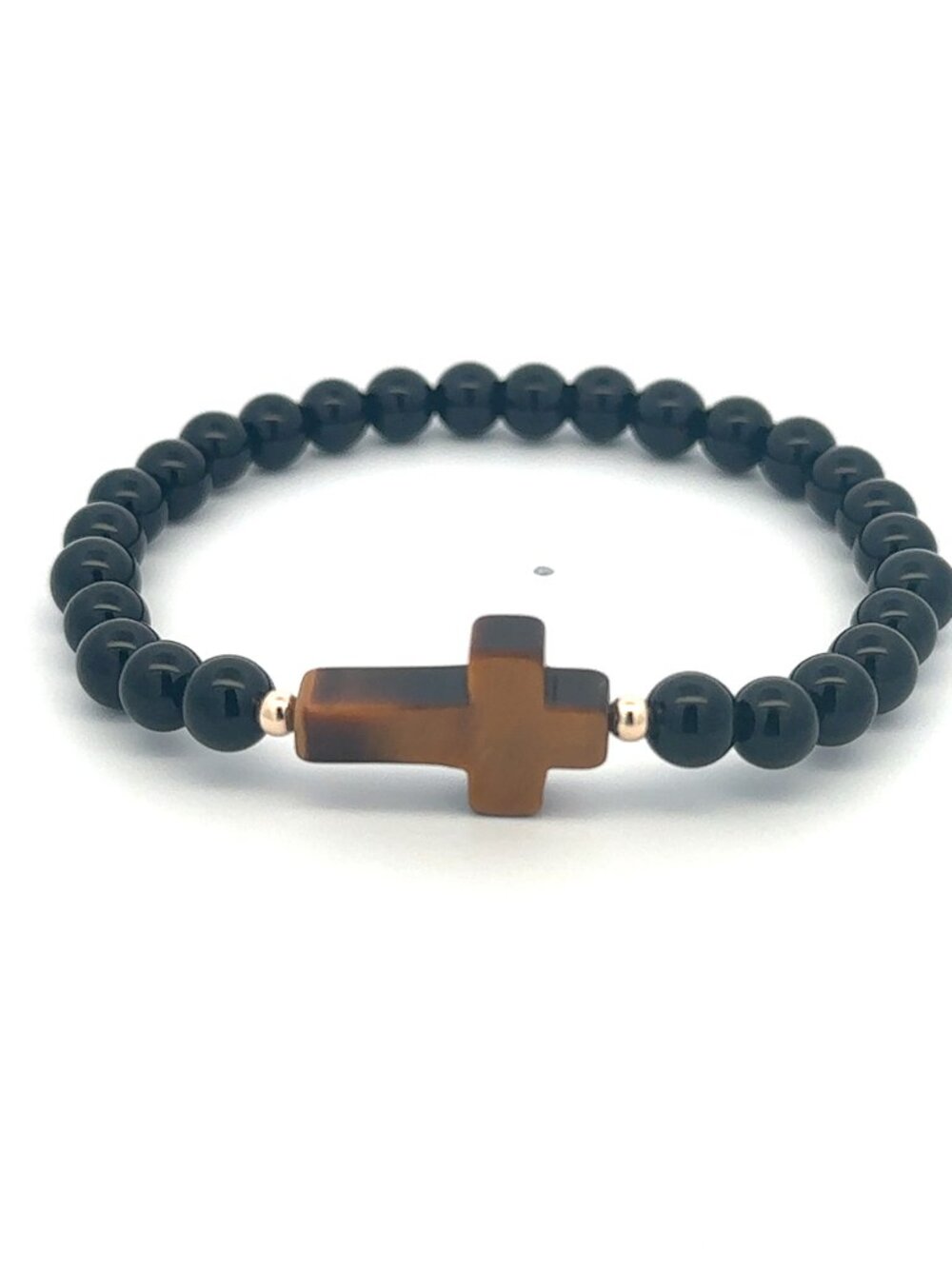 14K Solid Gold & Gemstone Cross Bracelet Onyx Tiger Eye